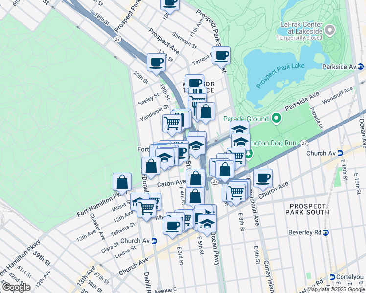 map of restaurants, bars, coffee shops, grocery stores, and more near 118 East 5th Street in Brooklyn