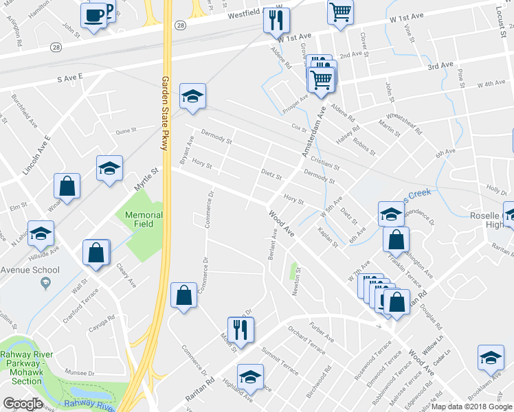 map of restaurants, bars, coffee shops, grocery stores, and more near 122 Myrtle Street in Cranford