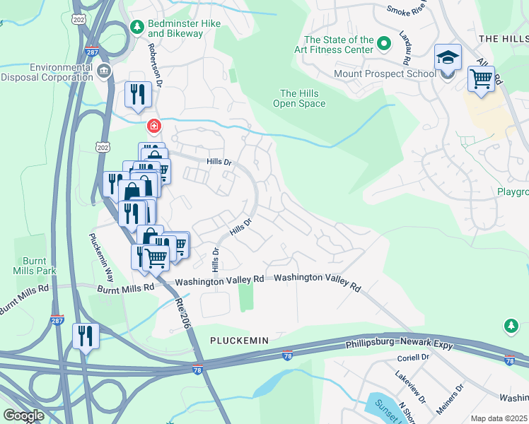 map of restaurants, bars, coffee shops, grocery stores, and more near 77 South Edgewood Road in Bedminster