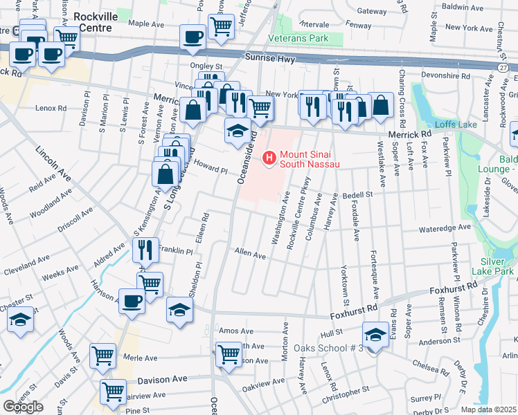 map of restaurants, bars, coffee shops, grocery stores, and more near 41 Nassau Parkway in Oceanside
