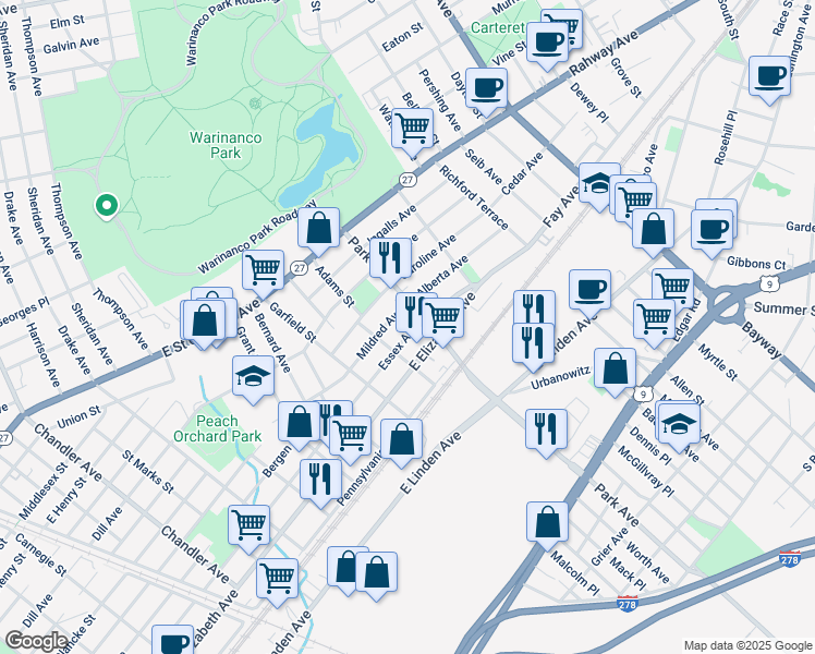 map of restaurants, bars, coffee shops, grocery stores, and more near 1927 Essex Avenue in Linden