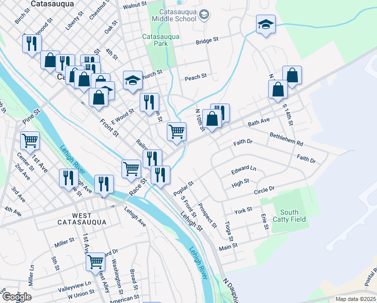 map of restaurants, bars, coffee shops, grocery stores, and more near 259 Race Street in Catasauqua