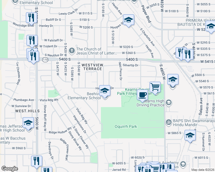 map of restaurants, bars, coffee shops, grocery stores, and more near 5156 West Highwood Drive in Kearns