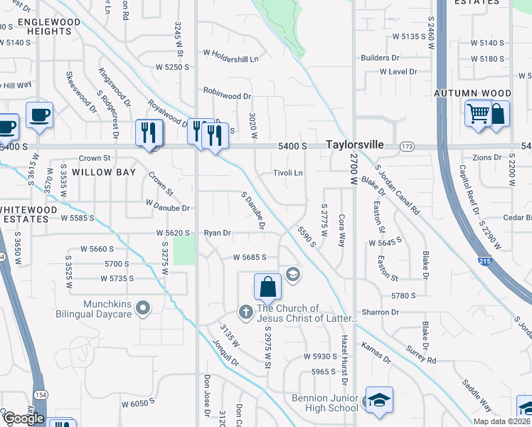 map of restaurants, bars, coffee shops, grocery stores, and more near 5579 Danube Drive in Taylorsville