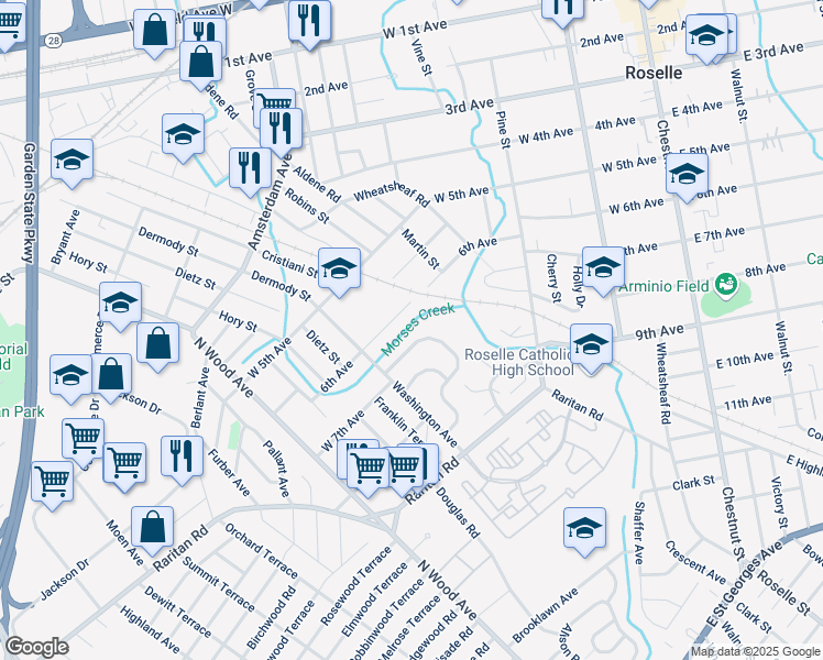 map of restaurants, bars, coffee shops, grocery stores, and more near 33 Independence Dr in Roselle