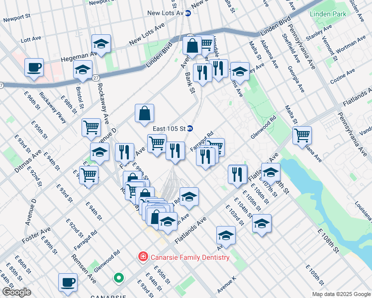 map of restaurants, bars, coffee shops, grocery stores, and more near 10315 Farragut Road in Brooklyn