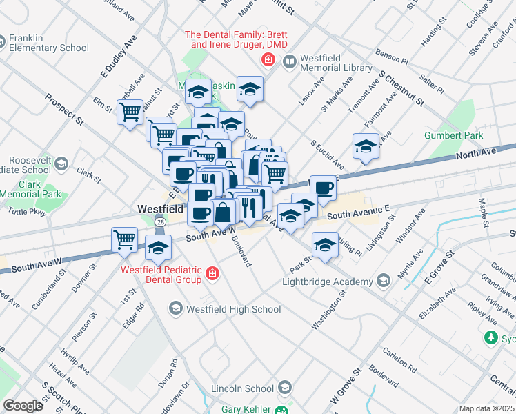 map of restaurants, bars, coffee shops, grocery stores, and more near 301 Central Avenue in Westfield