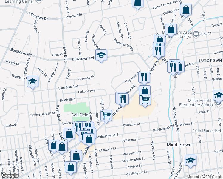 map of restaurants, bars, coffee shops, grocery stores, and more near 2521 Nottingham Road in Bethlehem