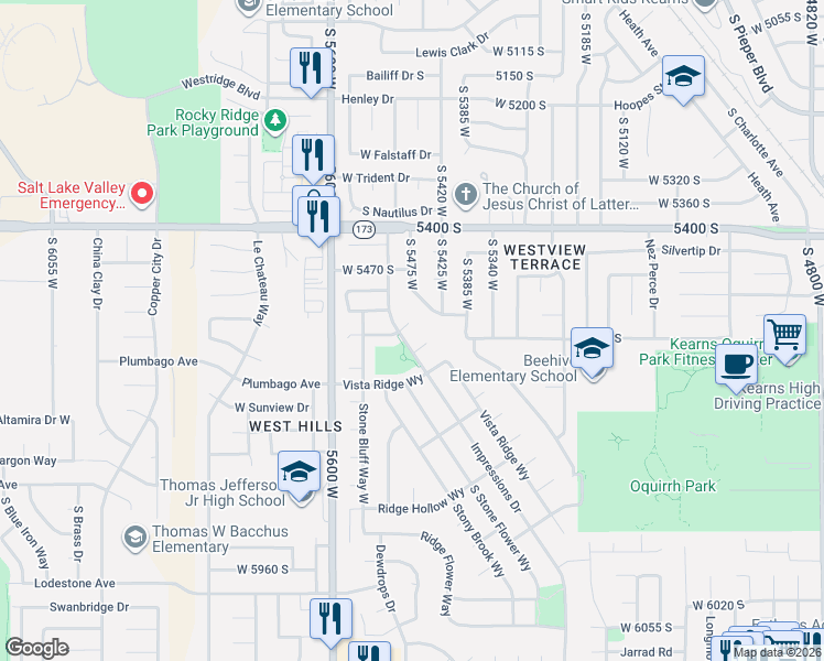 map of restaurants, bars, coffee shops, grocery stores, and more near 5473 West Ridge Stone Drive in Kearns