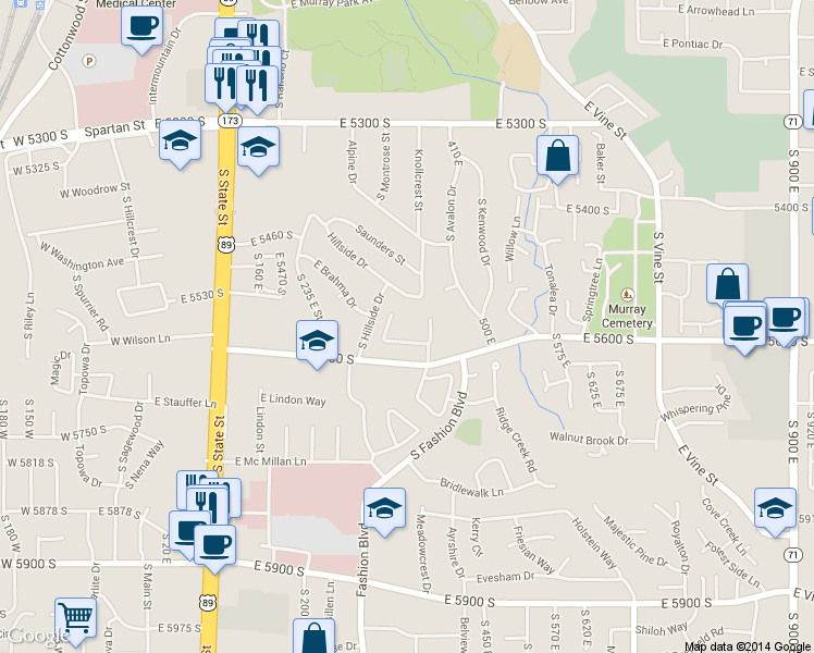 map of restaurants, bars, coffee shops, grocery stores, and more near 463 East 5600 South in Murray