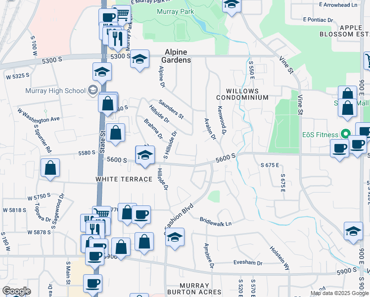 map of restaurants, bars, coffee shops, grocery stores, and more near 439 5600 South in Murray