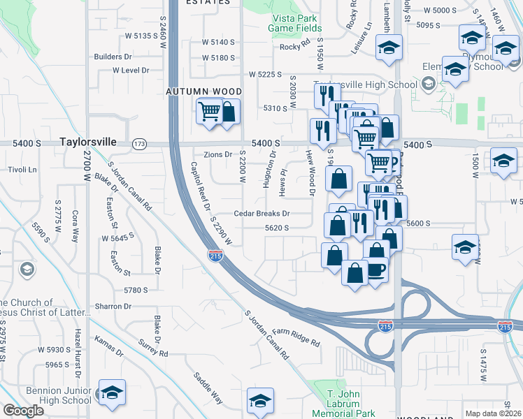 map of restaurants, bars, coffee shops, grocery stores, and more near 2090 Cedar Breaks Drive in Salt Lake City