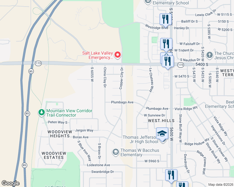 map of restaurants, bars, coffee shops, grocery stores, and more near 5910 West Horn Silver Circle in Kearns