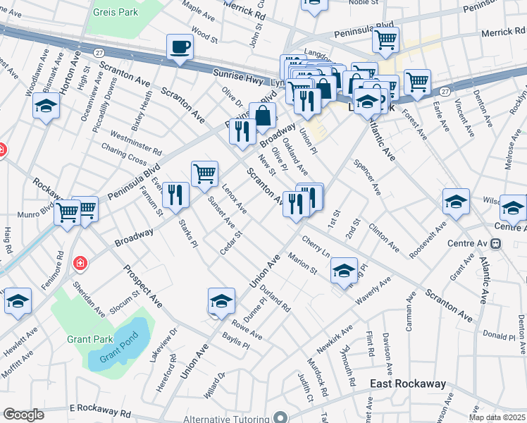 map of restaurants, bars, coffee shops, grocery stores, and more near 23 Thompson Place in Lynbrook