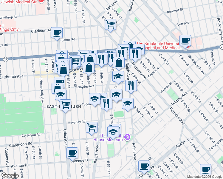 map of restaurants, bars, coffee shops, grocery stores, and more near 239 East 57th Street in Brooklyn