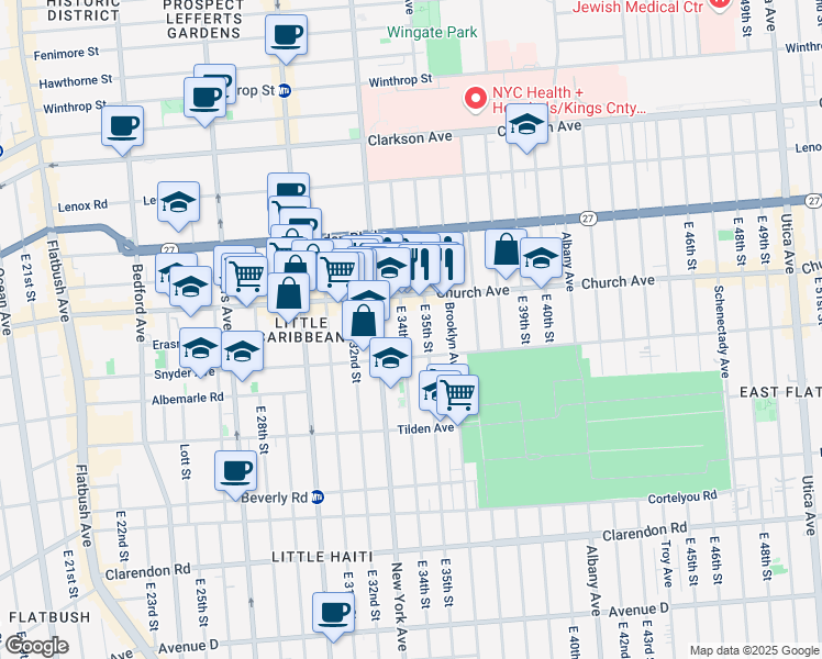 map of restaurants, bars, coffee shops, grocery stores, and more near 285 East 34th Street in Brooklyn