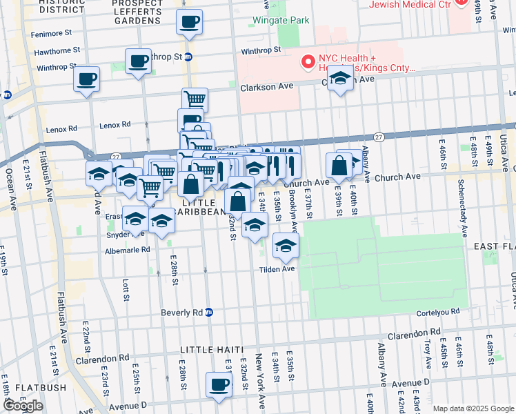 map of restaurants, bars, coffee shops, grocery stores, and more near 285 East 34th Street in Brooklyn