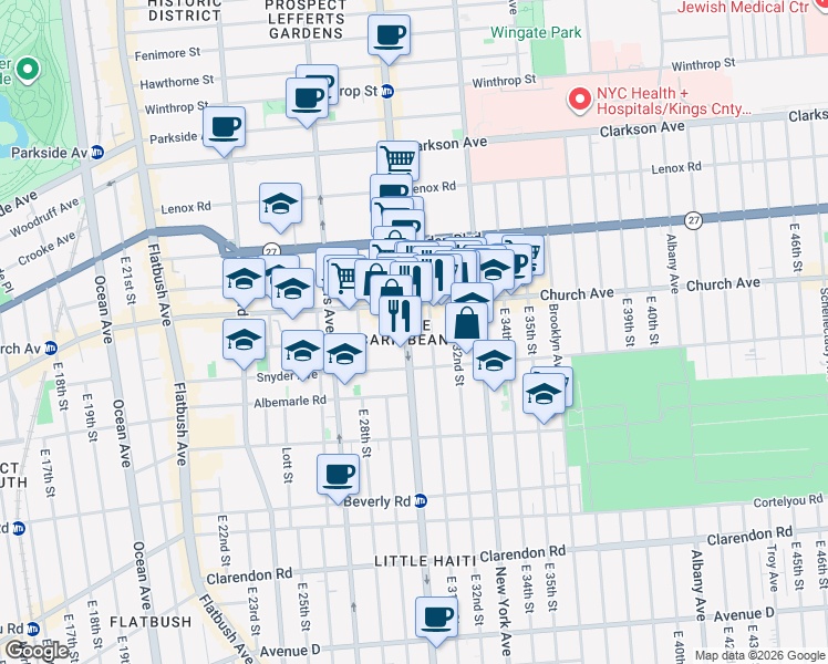 map of restaurants, bars, coffee shops, grocery stores, and more near 29 East 31st Street in Brooklyn