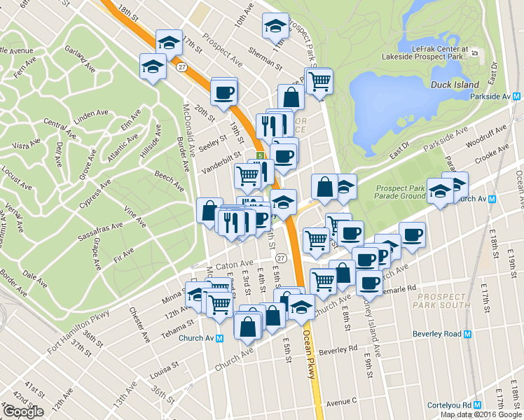 map of restaurants, bars, coffee shops, grocery stores, and more near 118 East 5th Street in Brooklyn