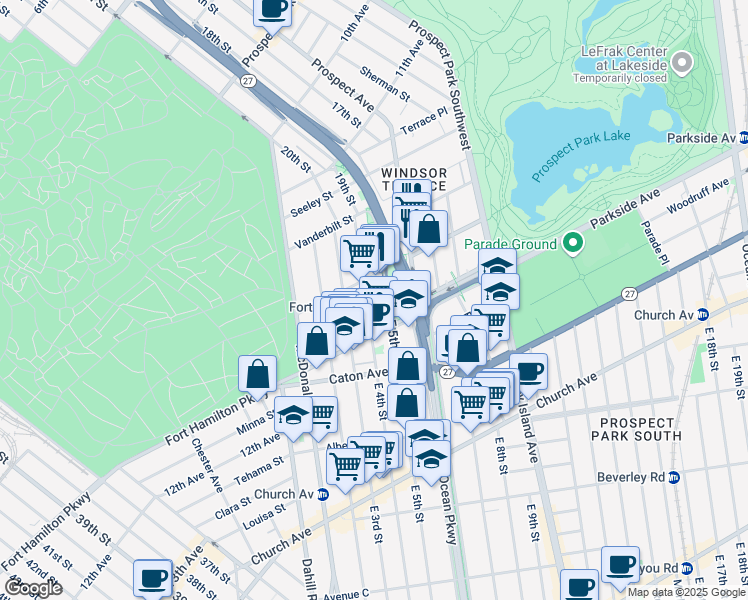 map of restaurants, bars, coffee shops, grocery stores, and more near 118 East 5th Street in Brooklyn