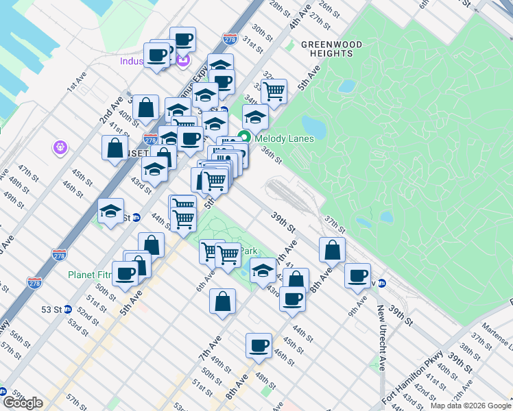 map of restaurants, bars, coffee shops, grocery stores, and more near 566 39th Street in Brooklyn