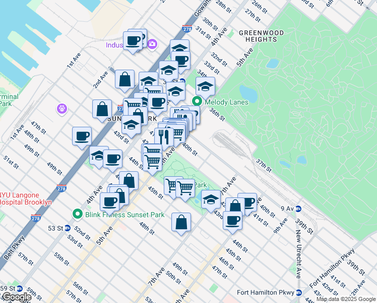 map of restaurants, bars, coffee shops, grocery stores, and more near 526 40th Street in Brooklyn