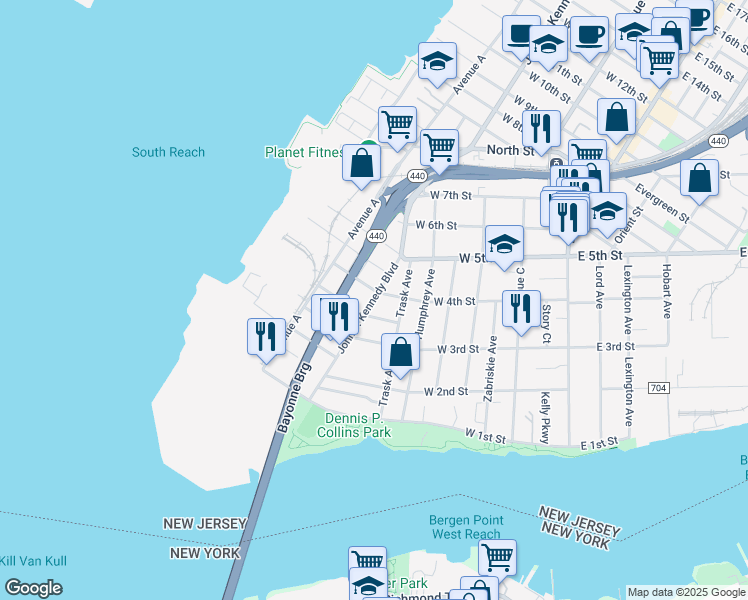 map of restaurants, bars, coffee shops, grocery stores, and more near 138 West 4th Street in Bayonne