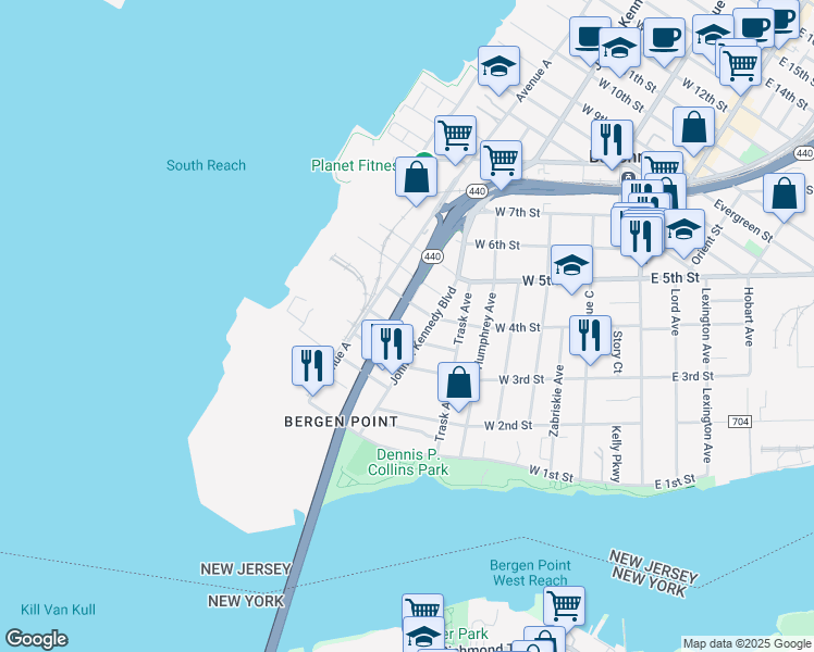 map of restaurants, bars, coffee shops, grocery stores, and more near 41 Juliette Street in Bayonne