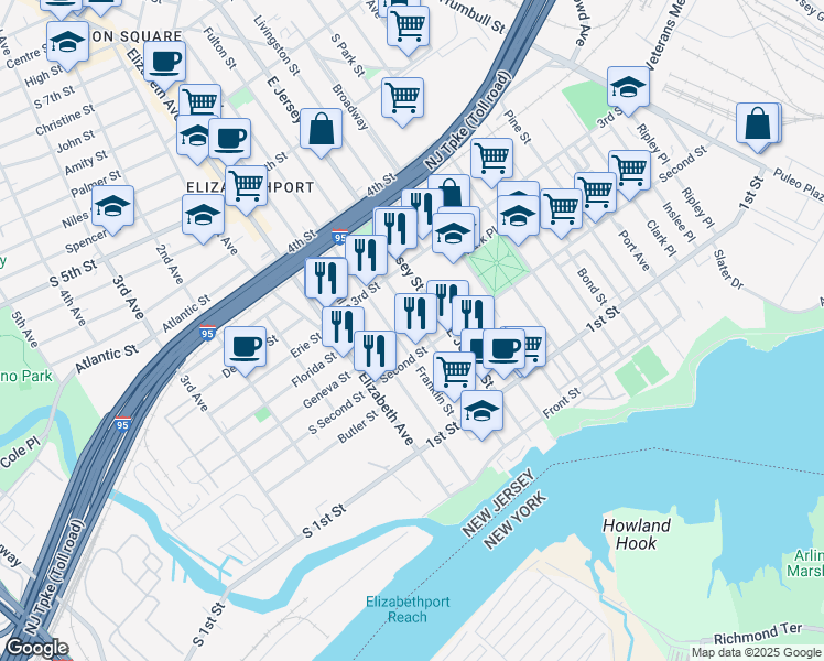 map of restaurants, bars, coffee shops, grocery stores, and more near 223 Franklin Street in Elizabeth