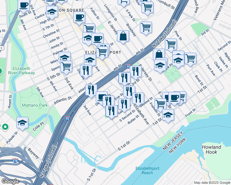 map of restaurants, bars, coffee shops, grocery stores, and more near 18 Delaware Street in Elizabeth