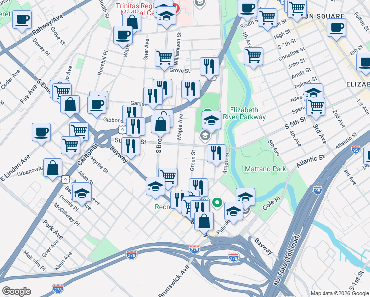 map of restaurants, bars, coffee shops, grocery stores, and more near 652-654 Summer Street in Elizabeth