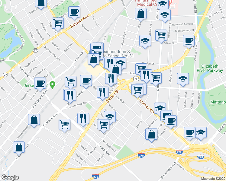 map of restaurants, bars, coffee shops, grocery stores, and more near 747 Edgar Road in Elizabeth