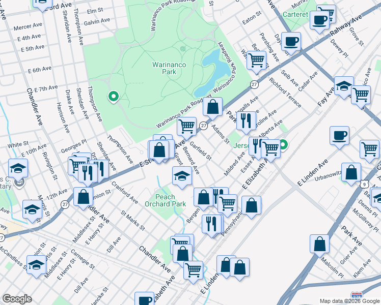 map of restaurants, bars, coffee shops, grocery stores, and more near 537 Bernard Avenue in Linden