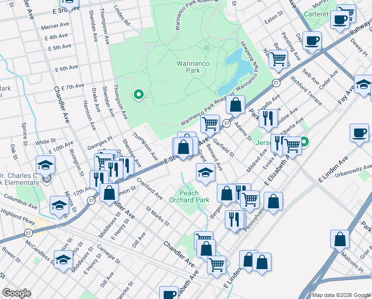 map of restaurants, bars, coffee shops, grocery stores, and more near 1537 East Saint Georges Avenue in Roselle