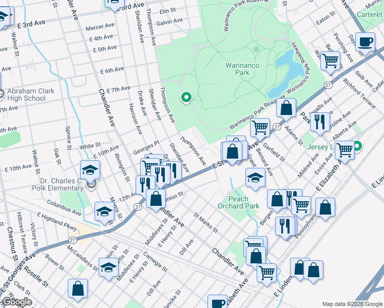 map of restaurants, bars, coffee shops, grocery stores, and more near 549 Newman Place in Roselle
