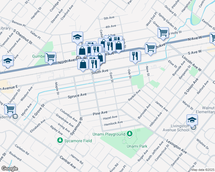 map of restaurants, bars, coffee shops, grocery stores, and more near 300 East Street in Garwood