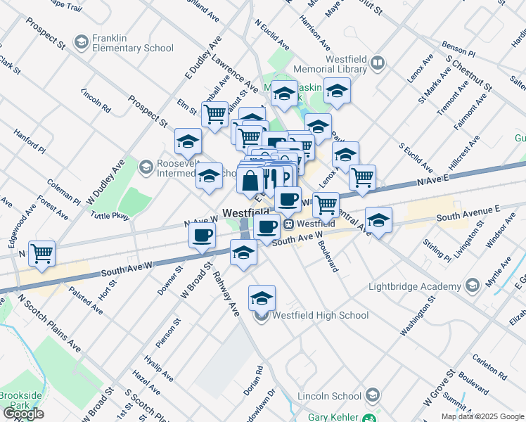 map of restaurants, bars, coffee shops, grocery stores, and more near 431 North Avenue West in Westfield