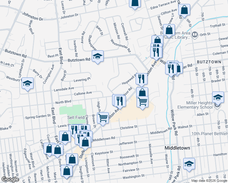 map of restaurants, bars, coffee shops, grocery stores, and more near 2521 Nottingham Road in Bethlehem