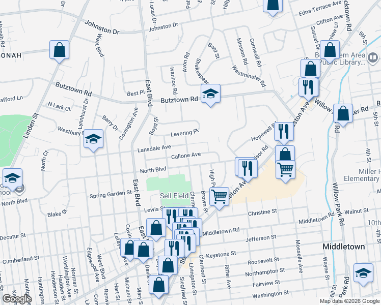 map of restaurants, bars, coffee shops, grocery stores, and more near 1715 Callone Avenue in Bethlehem