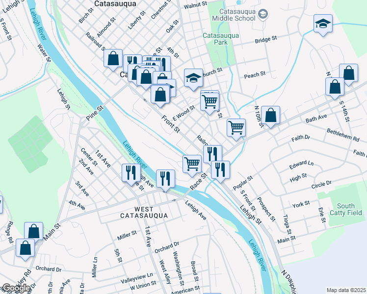 map of restaurants, bars, coffee shops, grocery stores, and more near 137 Canal Street in Catasauqua