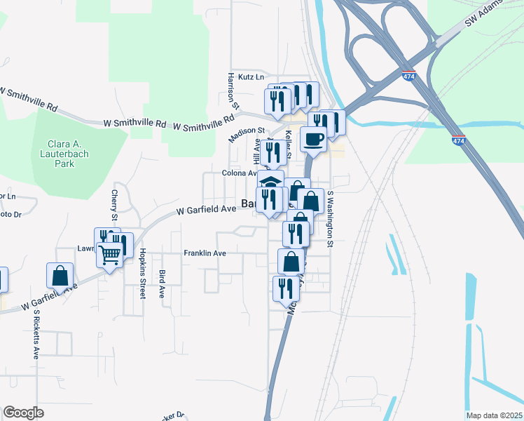 map of restaurants, bars, coffee shops, grocery stores, and more near in Bartonville