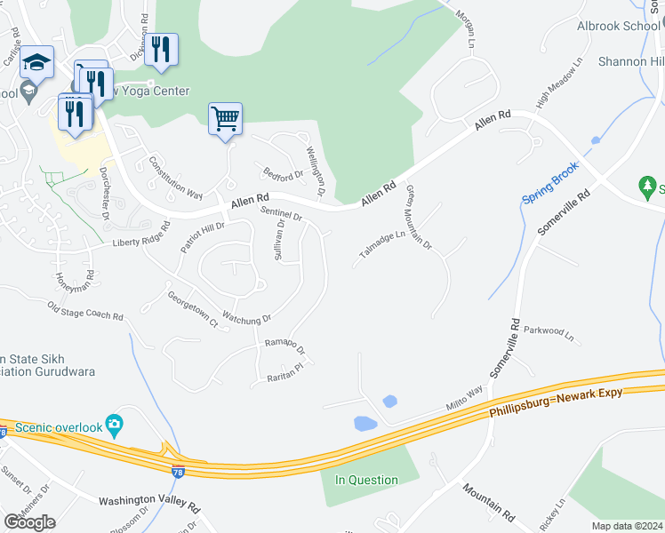 map of restaurants, bars, coffee shops, grocery stores, and more near 32 Sentinel Drive in Bernards