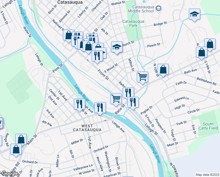 map of restaurants, bars, coffee shops, grocery stores, and more near 137 Canal Street in Catasauqua