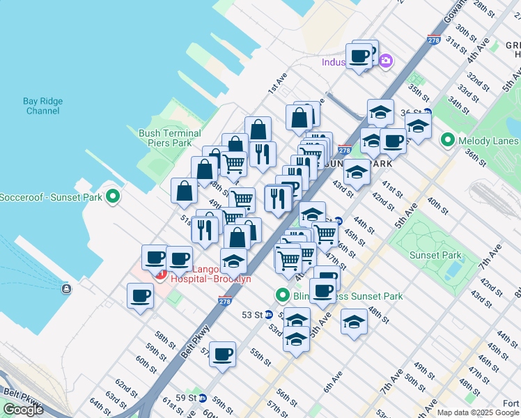 map of restaurants, bars, coffee shops, grocery stores, and more near 238 47th Street in Brooklyn