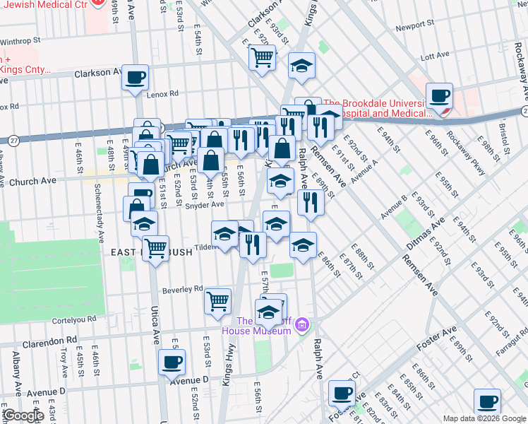map of restaurants, bars, coffee shops, grocery stores, and more near 239 East 57th Street in Brooklyn