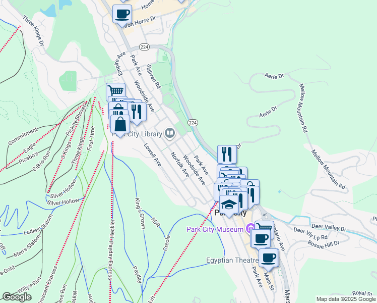 map of restaurants, bars, coffee shops, grocery stores, and more near 1109 Park Avenue in Park City