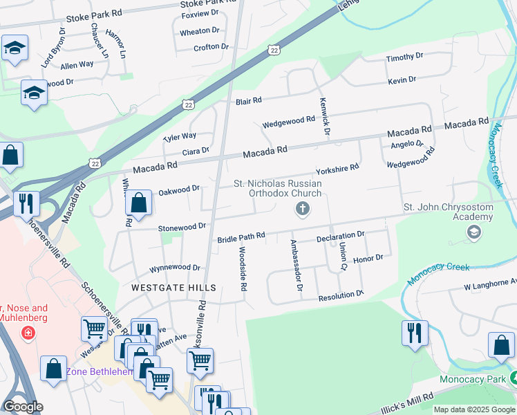 map of restaurants, bars, coffee shops, grocery stores, and more near 1130 Sunset View Drive in Bethlehem