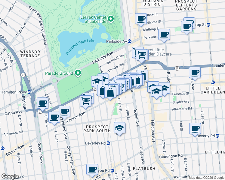 map of restaurants, bars, coffee shops, grocery stores, and more near 39 East 17th Street in Brooklyn