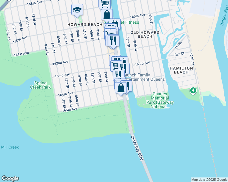 map of restaurants, bars, coffee shops, grocery stores, and more near 164-18 92nd Street in Queens