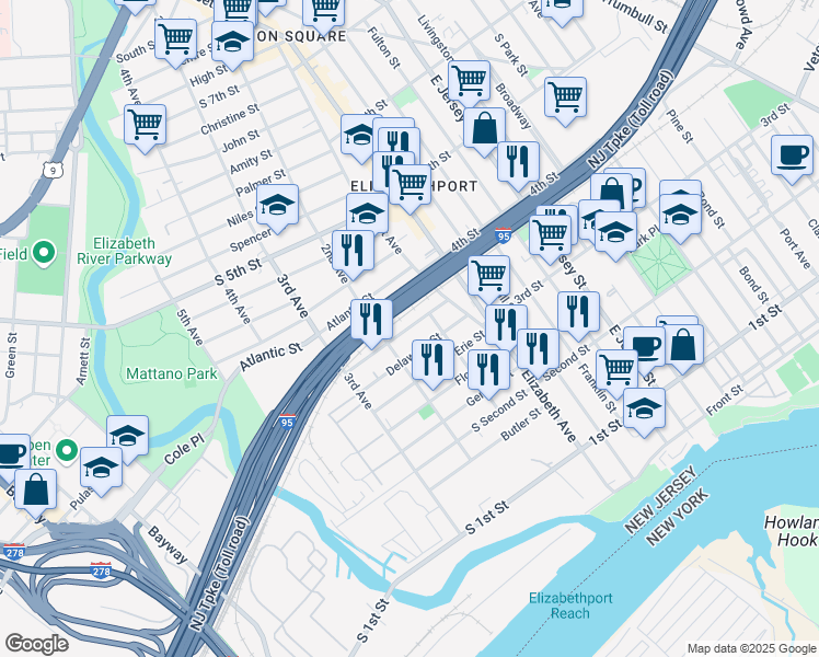 map of restaurants, bars, coffee shops, grocery stores, and more near 40 LT Glenn Zamorski Drive in Elizabeth
